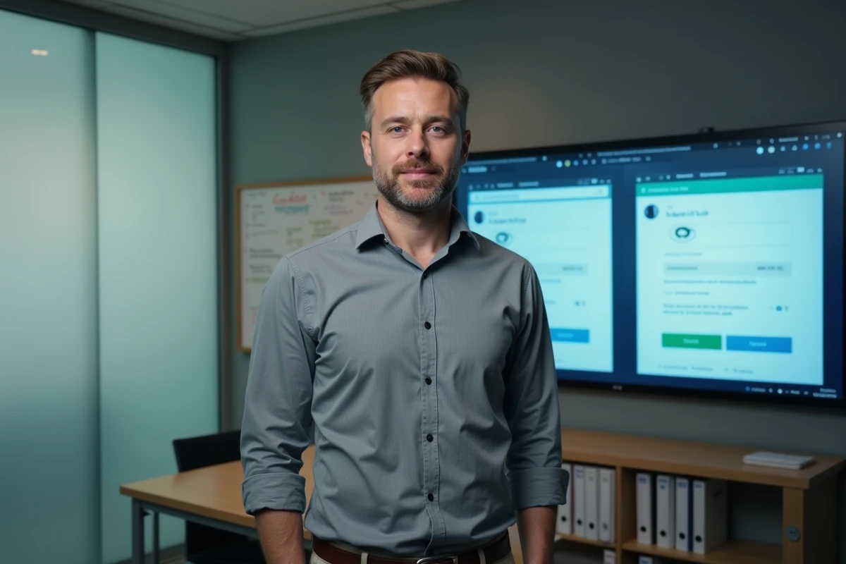 Enseignant comparant deux interfaces d'accès numériques académiques sur un grand écran dans une salle des professeurs