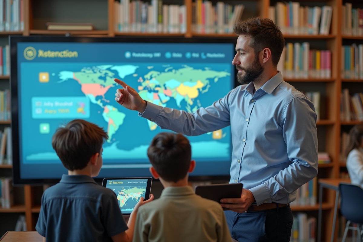 Professeur montrant un contenu interactif dans la bibliothèque scolaire