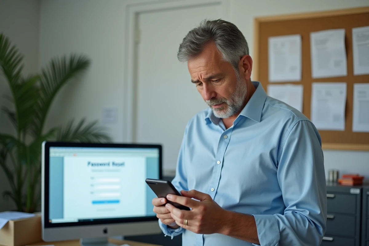 Enseignant consultant son téléphone pour résoudre un problème de réinitialisation de mot de passe sur un portail éducatif