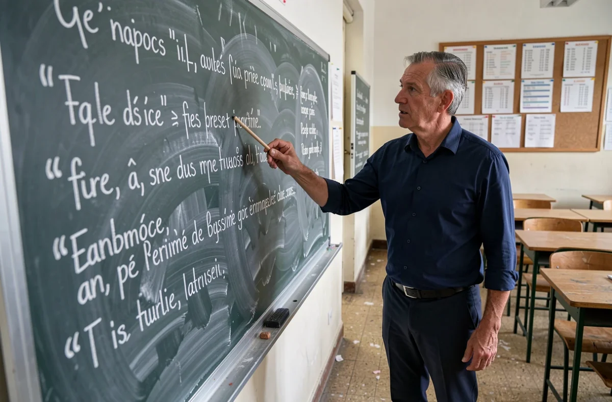 Enseignant devant un tableau noir avec des exercices de dialogue en français illustrant l'usage des guillemets et de la ponctuation