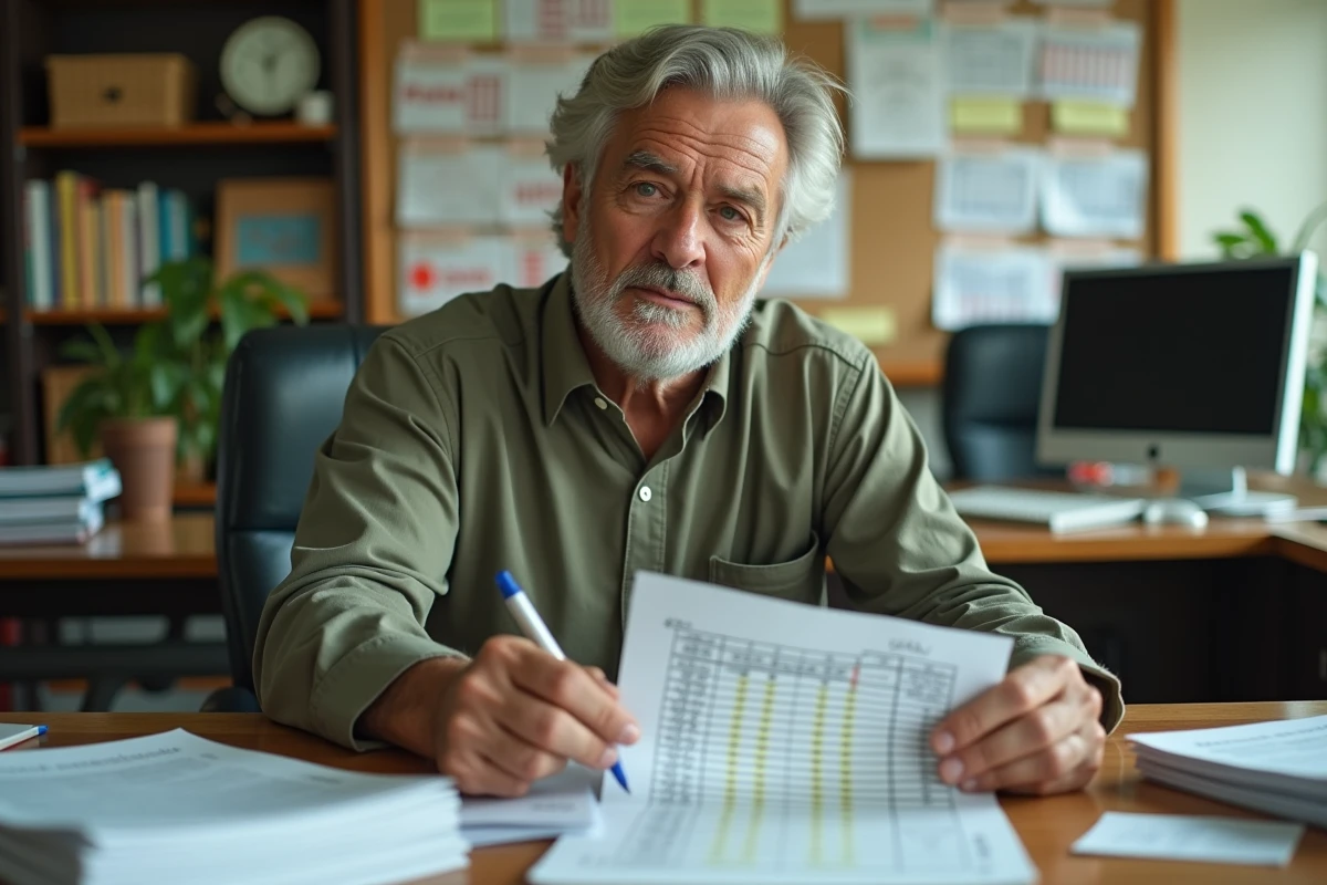 Enseignant vérifiant le calcul des moyennes avec coefficients sur un tableau de notes imprimé dans une salle des professeurs