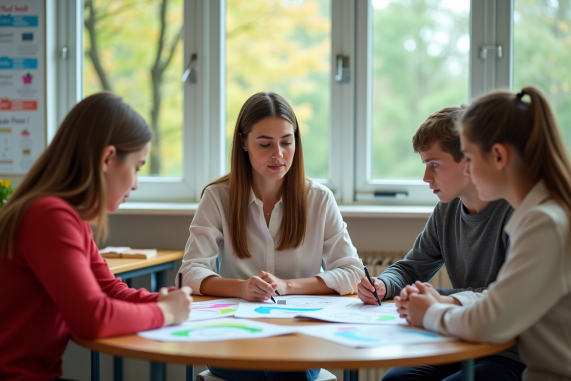 Jeune enseignante en classe avec deux lycéens lors d'une activité