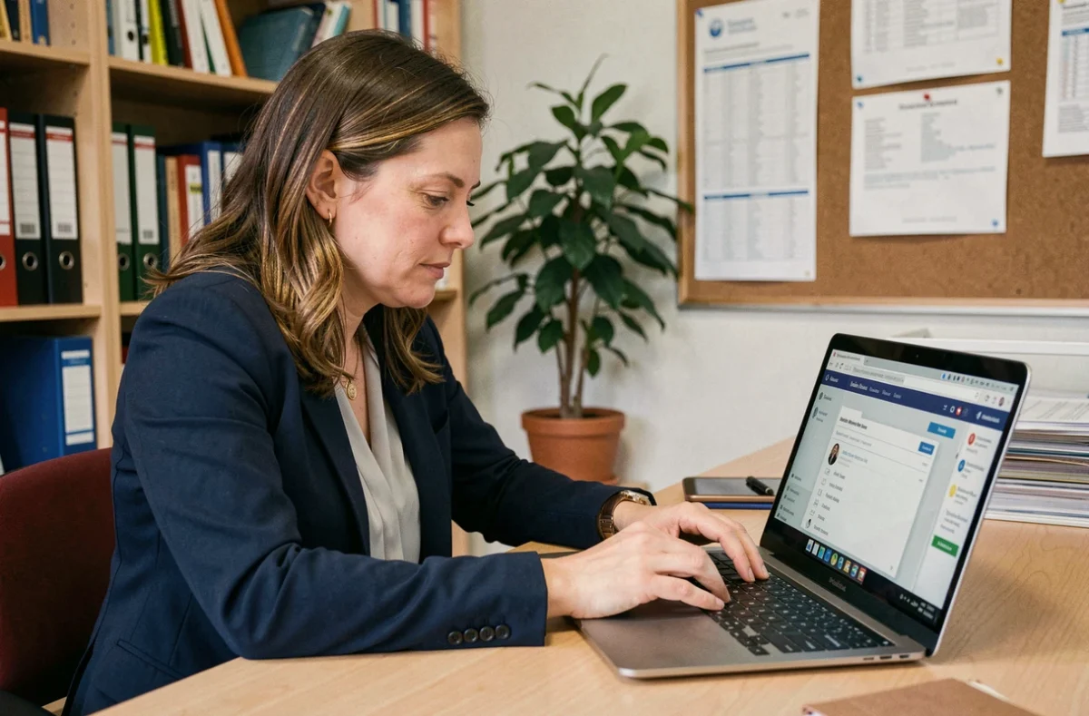 Enseignante consultant sa messagerie académique Orléans Tours sur un ordinateur portable dans un bureau scolaire