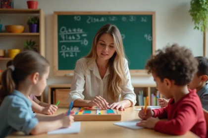Enseignante guidant enfants avec tableau Montessori