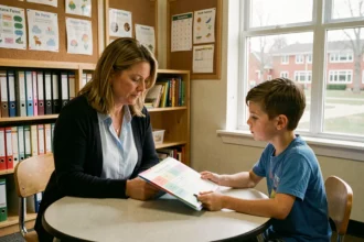 Enseignante orientant un élève avec un dossier d'évaluation dans une salle de ressources scolaire