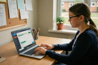 Enseignante saisissant des données élèves sur LSU via l'interface académique de Versailles sur son ordinateur portable