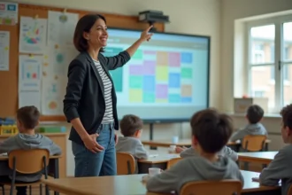 Enseignante devant un tableau interactif présentant un planning numérique dans une salle de classe moderne organisée