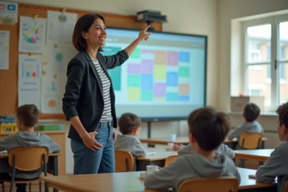 Enseignante devant un tableau interactif présentant un planning numérique dans une salle de classe moderne organisée