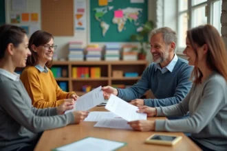 Enseignants échangeant des fiches d'activite dans une classe