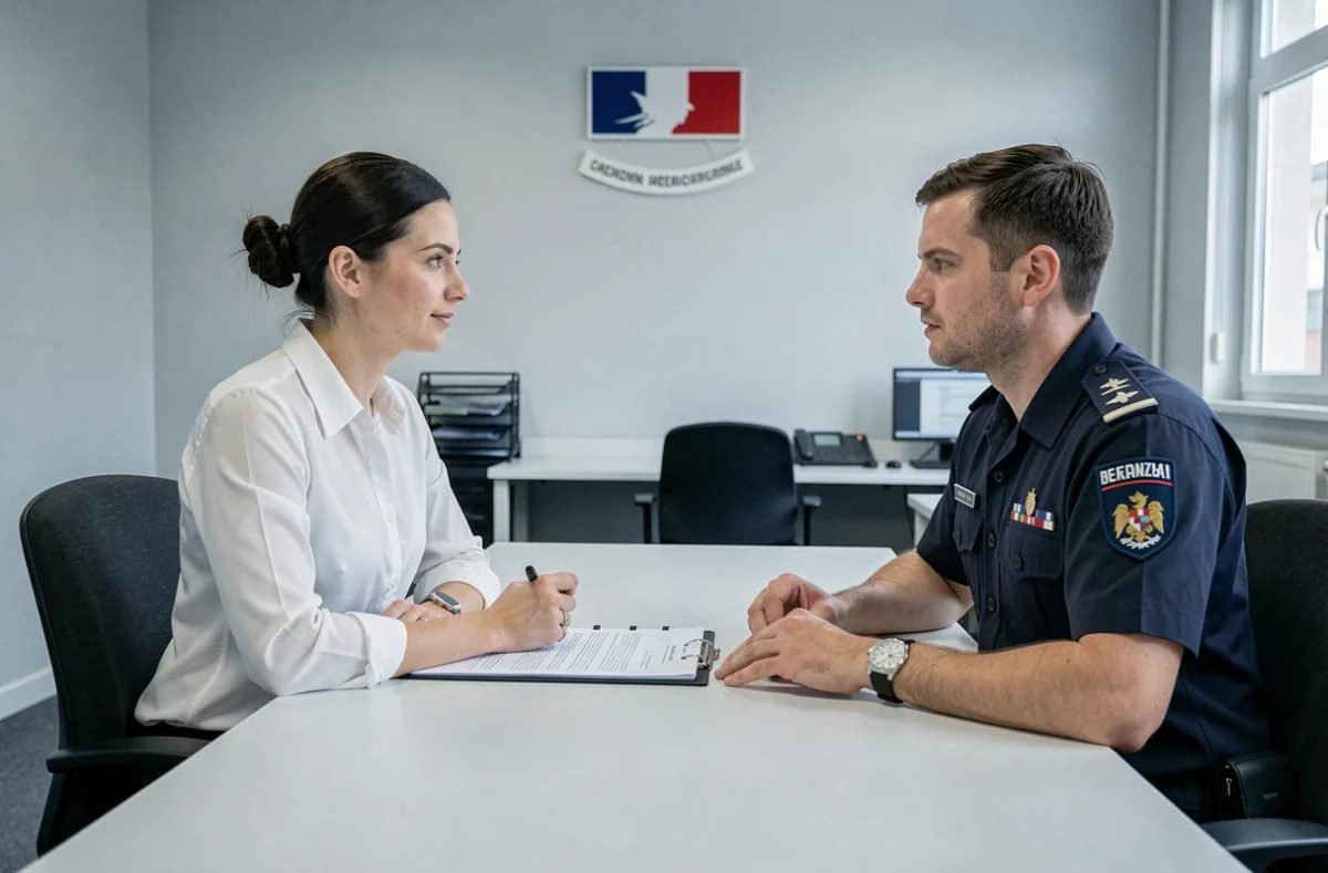 Femme candidate en entretien avec un gendarme dans un bureau administratif officiel