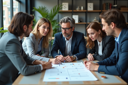 Groupe de professionnels collaborant autour d'une table en bureau moderne