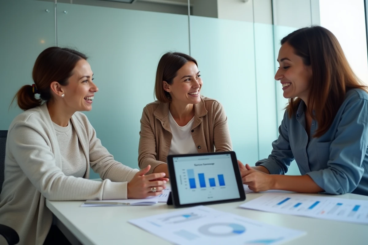 Équipe professionnelle discutant des prix et de la qualité de service d'un outil IA marketing en salle de réunion
