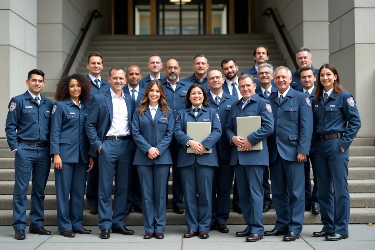 Groupe de travailleurs municipaux devant la mairie moderne