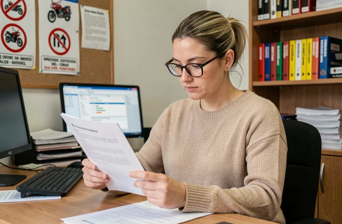 Femme consultant un document administratif sur l'équivalence du permis 125cm3 dans une auto-école