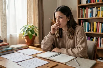 Jeune femme étudiant la conjugaison de l'imparfait espagnol dans un bureau à la maison avec des notes manuscrites