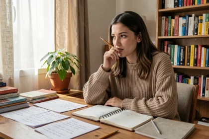 Jeune femme étudiant la conjugaison de l'imparfait espagnol dans un bureau à la maison avec des notes manuscrites