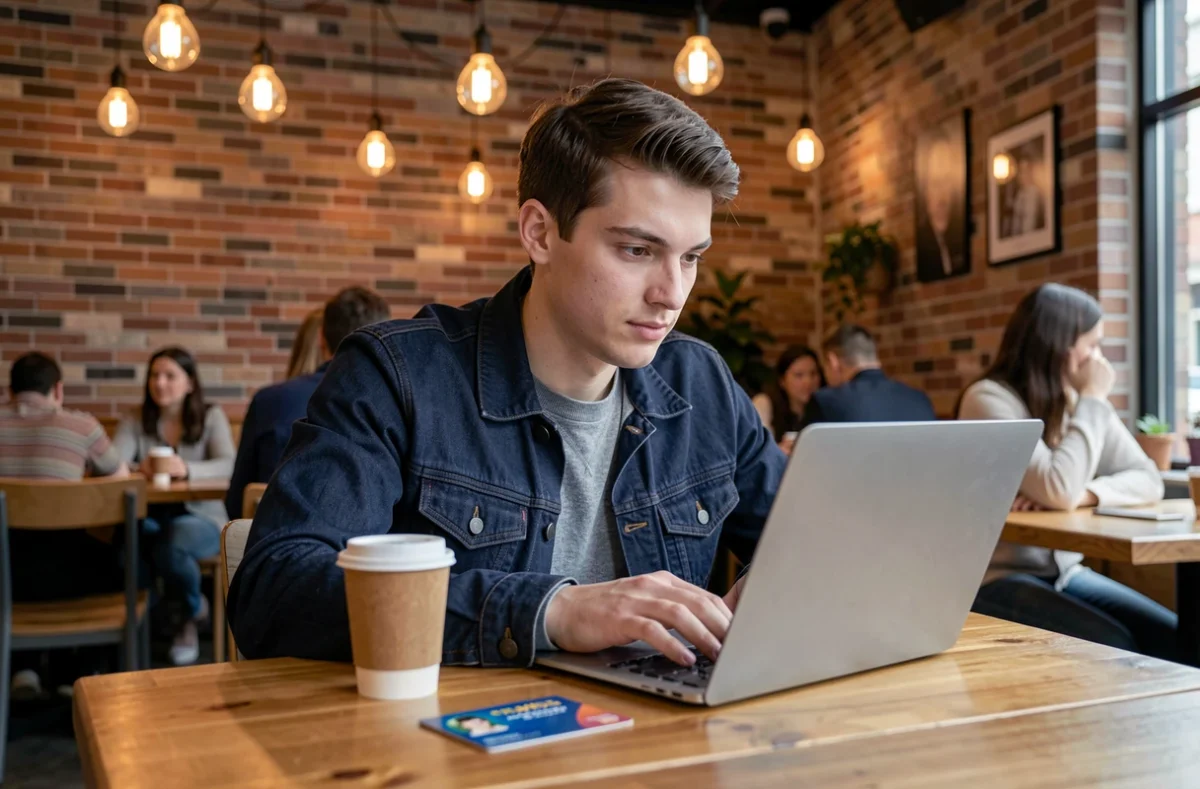 Étudiant assis dans un café comparant les avantages d'une carte étudiante et d'une application de bons plans sur son ordinateur portable