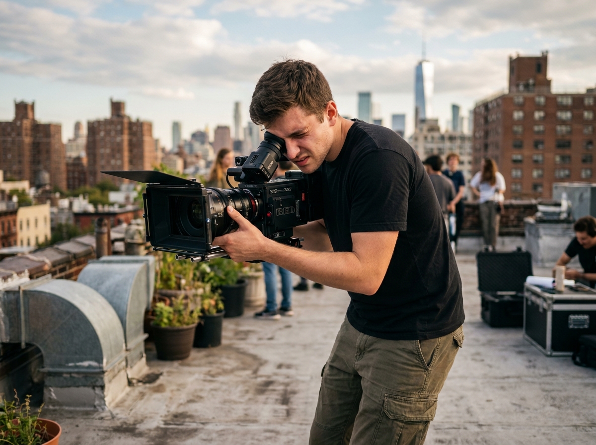 Étudiant en prise de vue cinéma utilisant une caméra professionnelle sur un rooftop lors d'une formation pratique hors Parcoursup