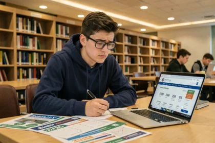 Étudiant en ingénierie consultant des classements d'écoles dans une bibliothèque universitaire
