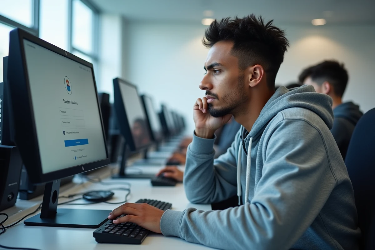 Étudiant masculin bloqué sur un écran de connexion d'une plateforme éducative dans une salle informatique universitaire