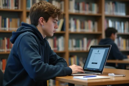 Étudiant nouvel arrivant à l'université d'Angers se connectant au portail numérique sur son ordinateur portable en bibliothèque