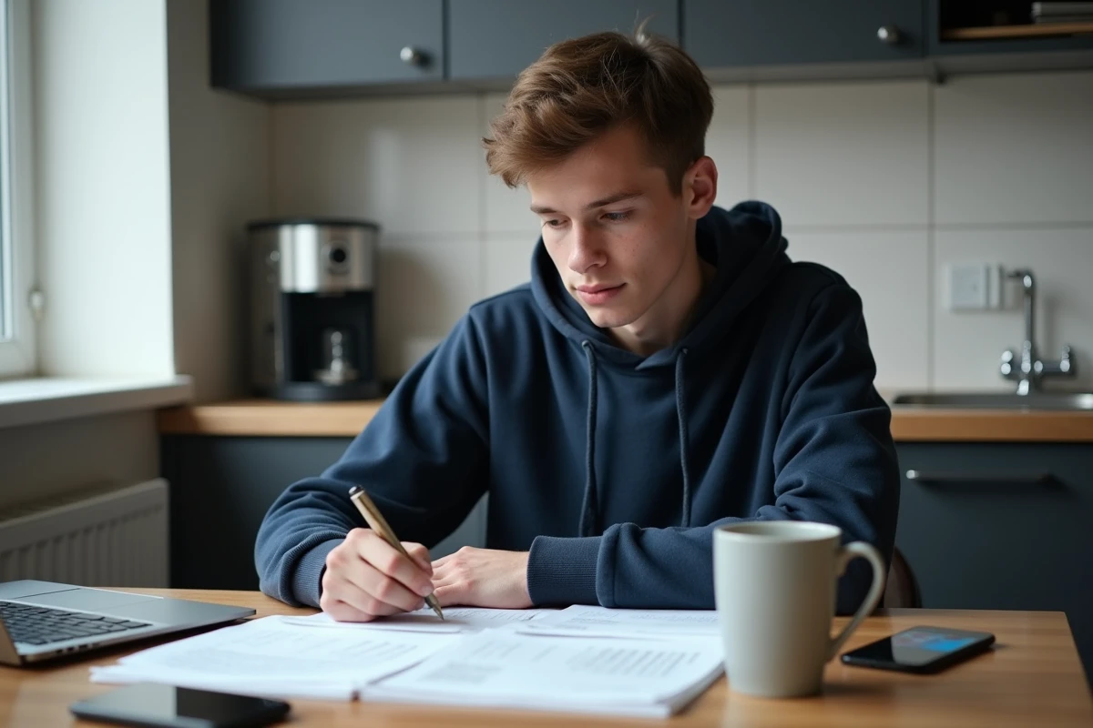 Étudiant travaillant sur des cours Moodle imprimés dans une cuisine sans connexion internet avec smartphone déconnecté