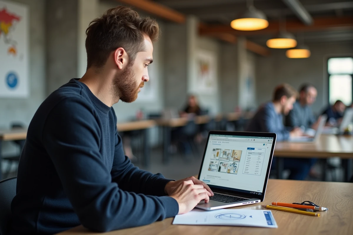 Étudiant en formation design en ligne travaillant dans un espace de coworking avec un planning de cours