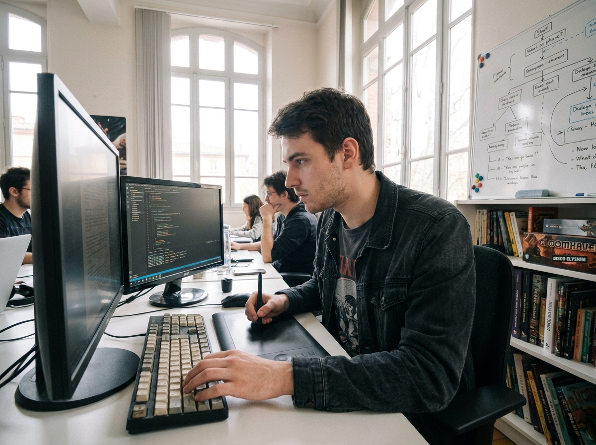 Étudiant en développement de jeu vidéo codant dans un espace de travail collaboratif à Toulouse