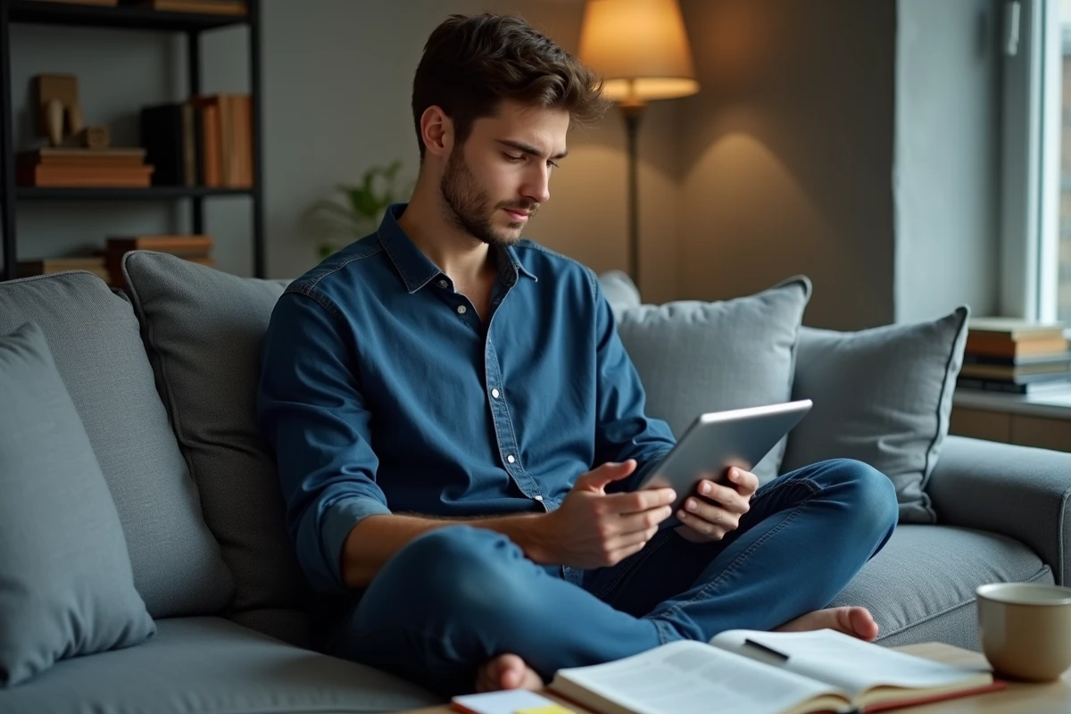 Étudiant en droit révisant avec une IA juridique sur tablette dans un appartement moderne
