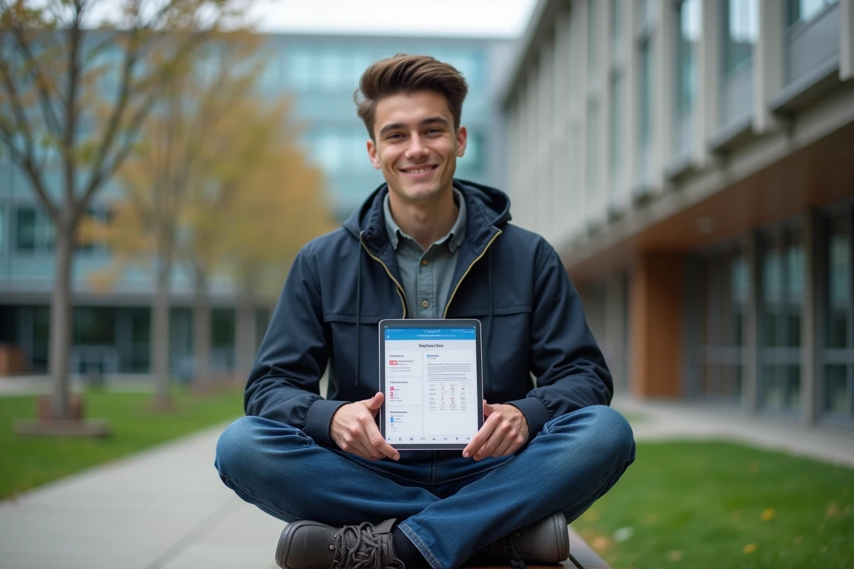 Étudiant consultant l'ENT de l'IUT Angers sur une tablette en extérieur sur le campus