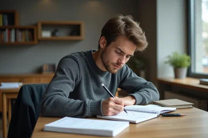 Étudiant concentré en étude dans une salle moderne