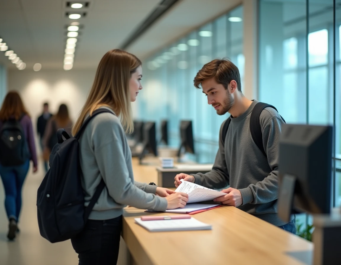 Étudiant au guichet d'administration universitaire pour régulariser sa situation CVEC après inscription