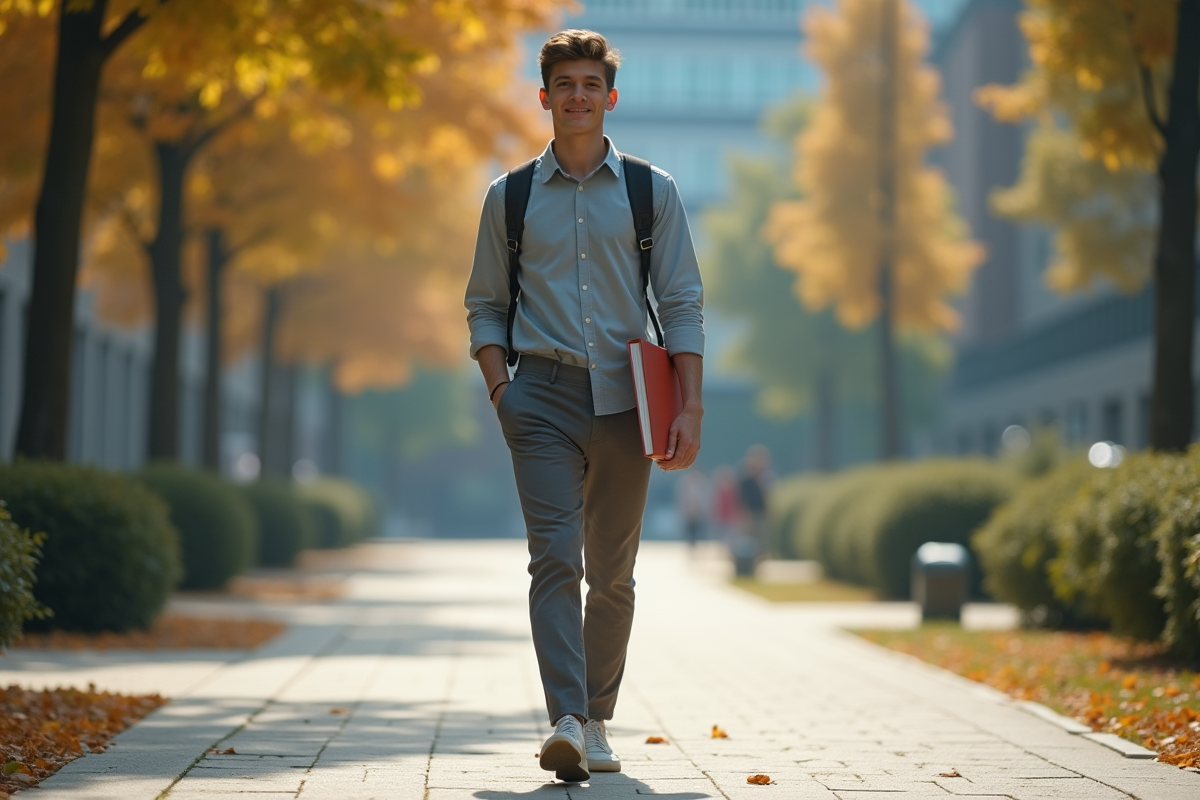 Jeune homme marche avec livre de psychologie dans un campus