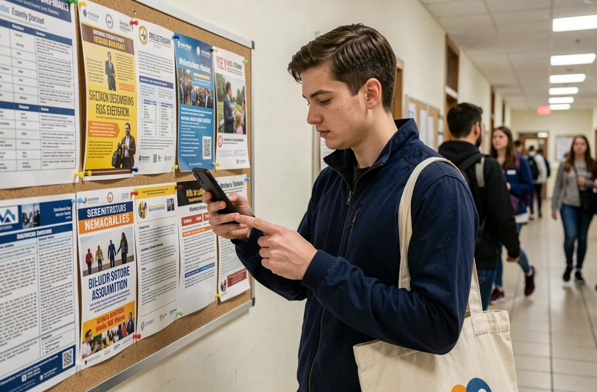 Étudiant photographiant les affiches d'associations et d'informations pratiques sur un panneau d'affichage de l'université de Lille