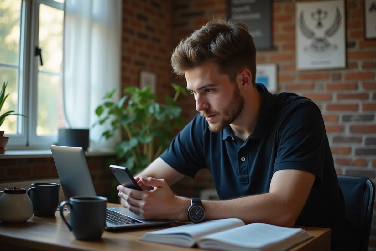 Étudiant consultant le portail e-service de l'UHA sur son smartphone dans sa chambre universitaire