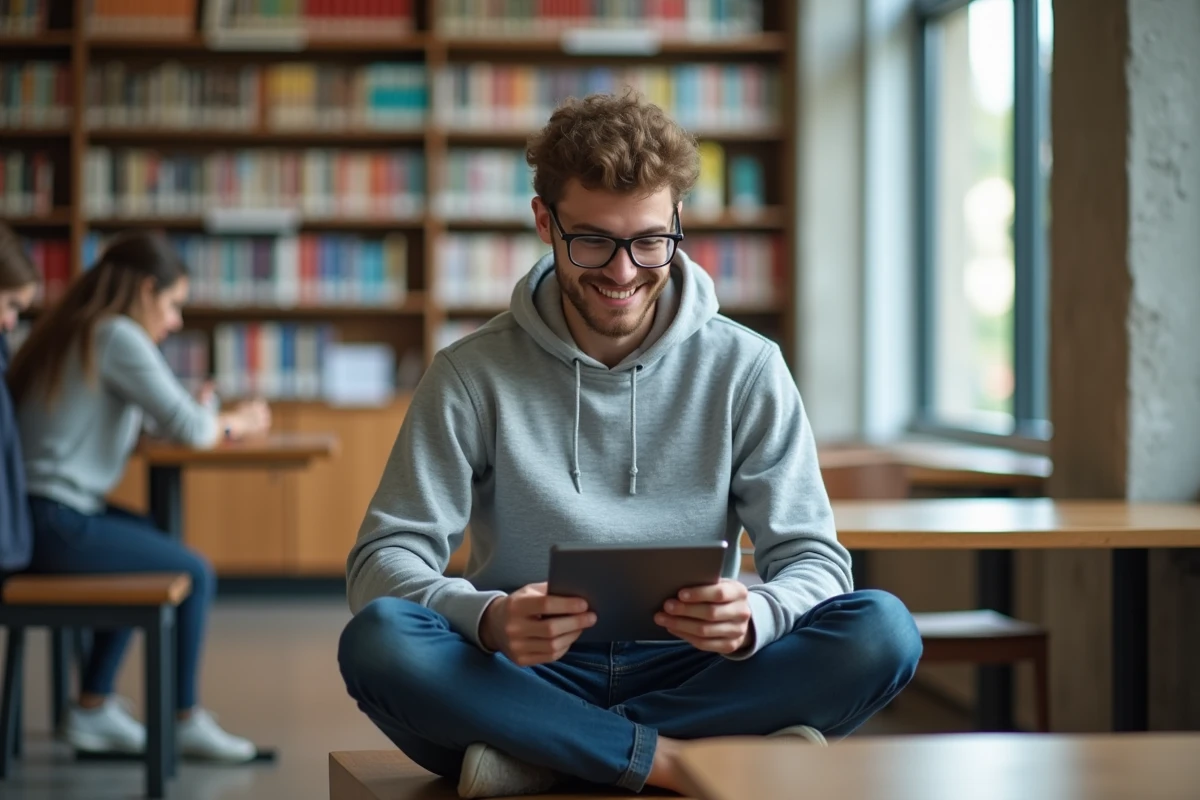 Étudiant consultant un guide de raccourcis administratifs sur tablette dans une bibliothèque universitaire