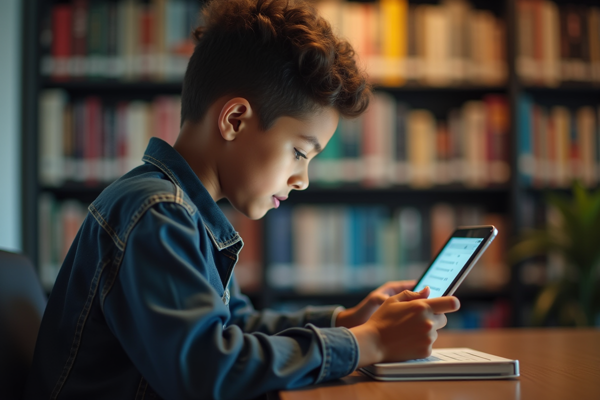 Étudiant utilisant une tablette dans une bibliothèque calme et lumineuse