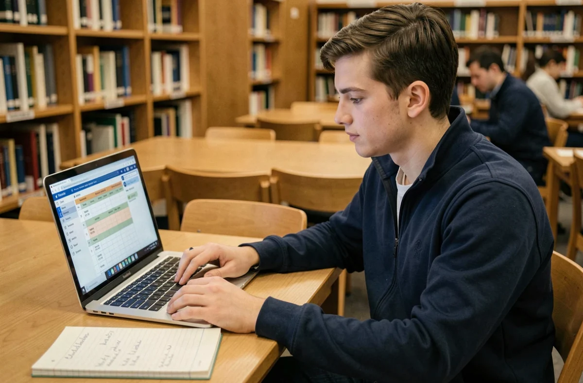 Étudiant consultant l'emploi du temps numérique de l'UPVD sur un ordinateur portable en bibliothèque universitaire