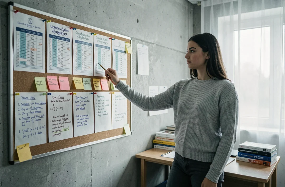 Étudiante analysant un tableau de classements des grandes écoles d'ingénieurs dans sa chambre universitaire
