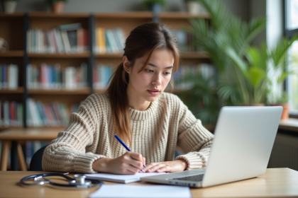 Jeune étudiante concentrée à la bibliothèque universitaire