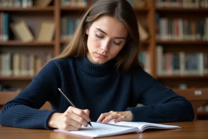 Étudiante résolvant une inversion de matrice 2x2 dans un cahier à la bibliothèque universitaire