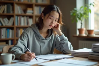 Étudiante calculant sa moyenne générale avec coefficients sur un bureau encombré de feuilles de notes et d'un cahier de calculs