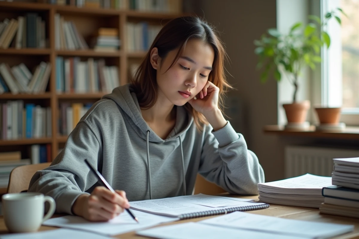 Étudiante calculant sa moyenne générale avec coefficients sur un bureau encombré de feuilles de notes et d'un cahier de calculs