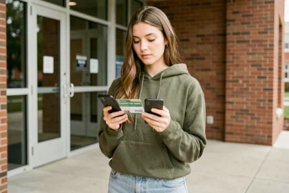 Étudiante comparant une carte étudiante classique et une application de réductions sur son smartphone devant un campus universitaire