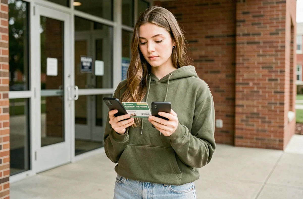 Étudiante comparant une carte étudiante classique et une application de réductions sur son smartphone devant un campus universitaire