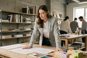 Étudiante en design industriel travaillant sur des prototypes dans un studio moderne de design et innovation