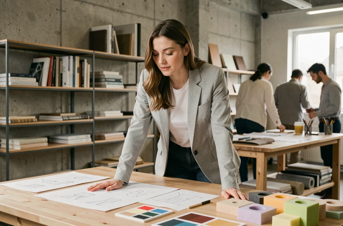 Étudiante en design industriel travaillant sur des prototypes dans un studio moderne de design et innovation
