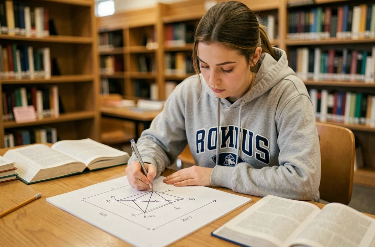 Étudiante dessinant une pyramide à base triangulaire sur papier quadrillé avec calculs de surface et de volume