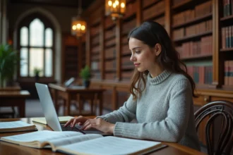 Étudiante en droit utilisant une intelligence artificielle juridique sur son ordinateur portable dans une bibliothèque universitaire