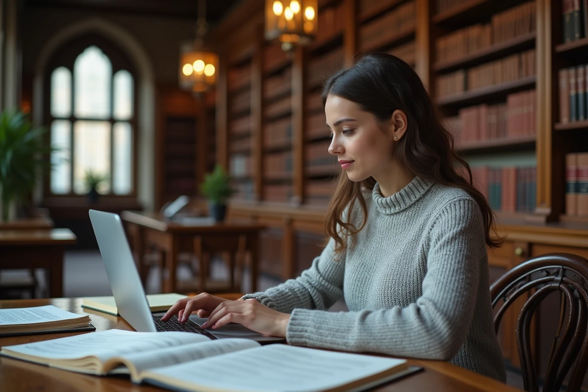 Étudiante en droit utilisant une intelligence artificielle juridique sur son ordinateur portable dans une bibliothèque universitaire